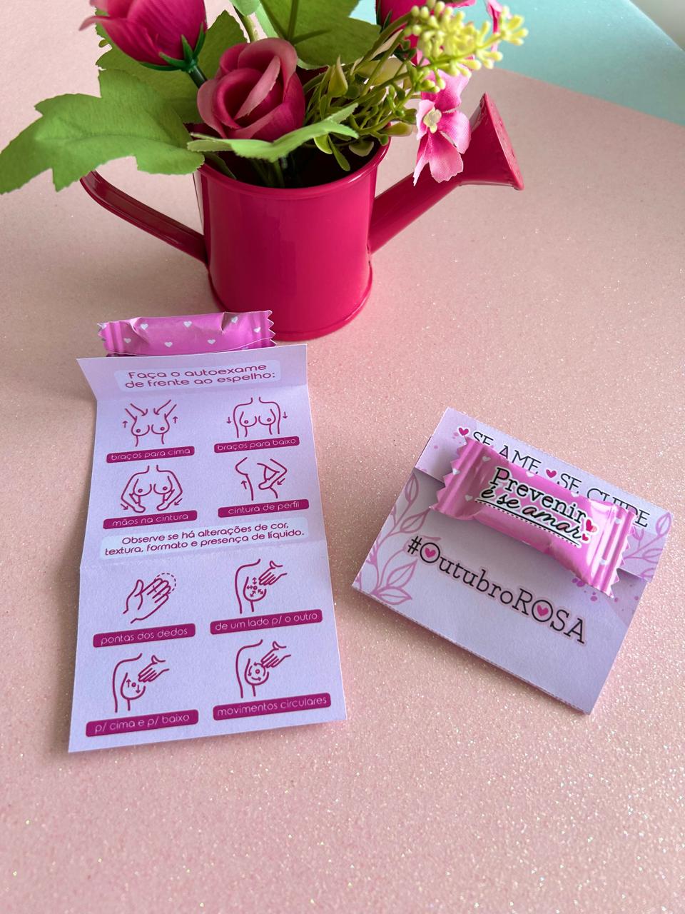 Card Outubro Rosa com Bala e Guia de Autoexame