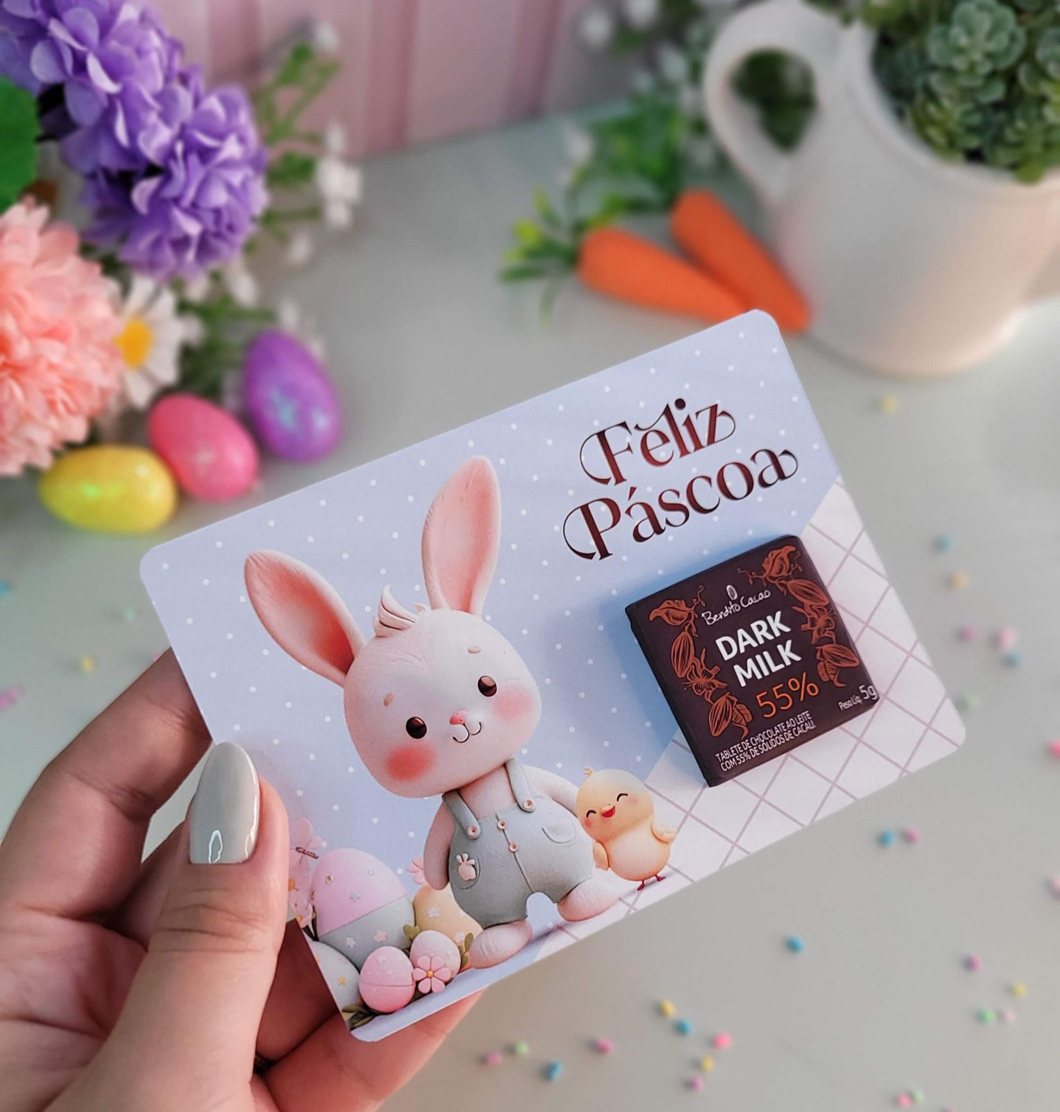 Card personalizado com mini chocolate para Páscoa